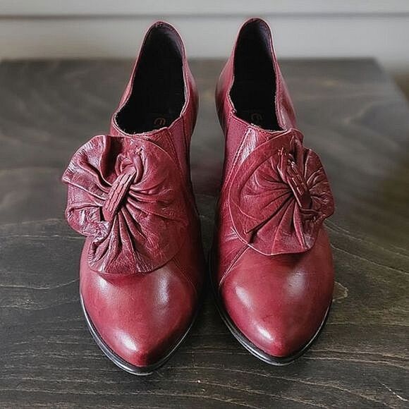 Vtg wine leather cone heel bow pumps - Picture 4 of 11